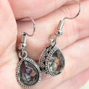 Teardrop Dangle Earrings Silver Tone Iridescent Boho Filigree Tear Drop Mystical